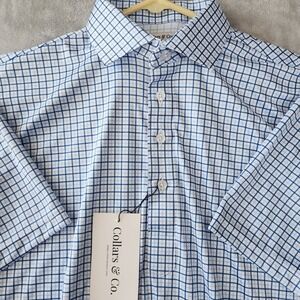 Collars & Co Polo Shirt Mens Size Medium Blue Plaid Tattersall Firm Dress Collar